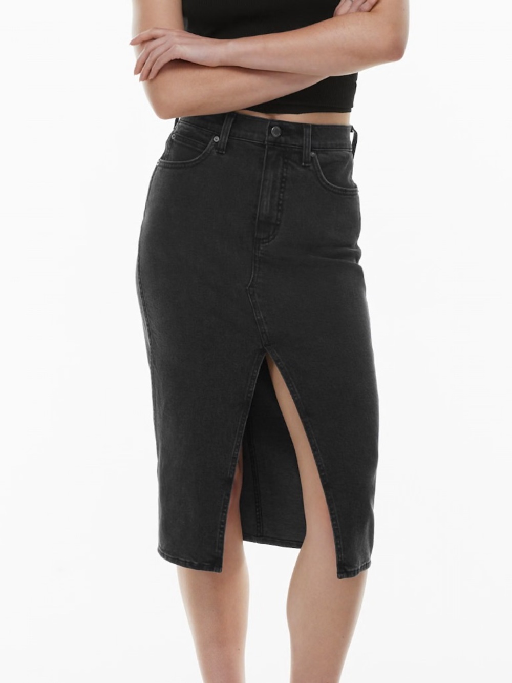 Aritzia Black High-Waist Midi Denim Skirt with Front Slit